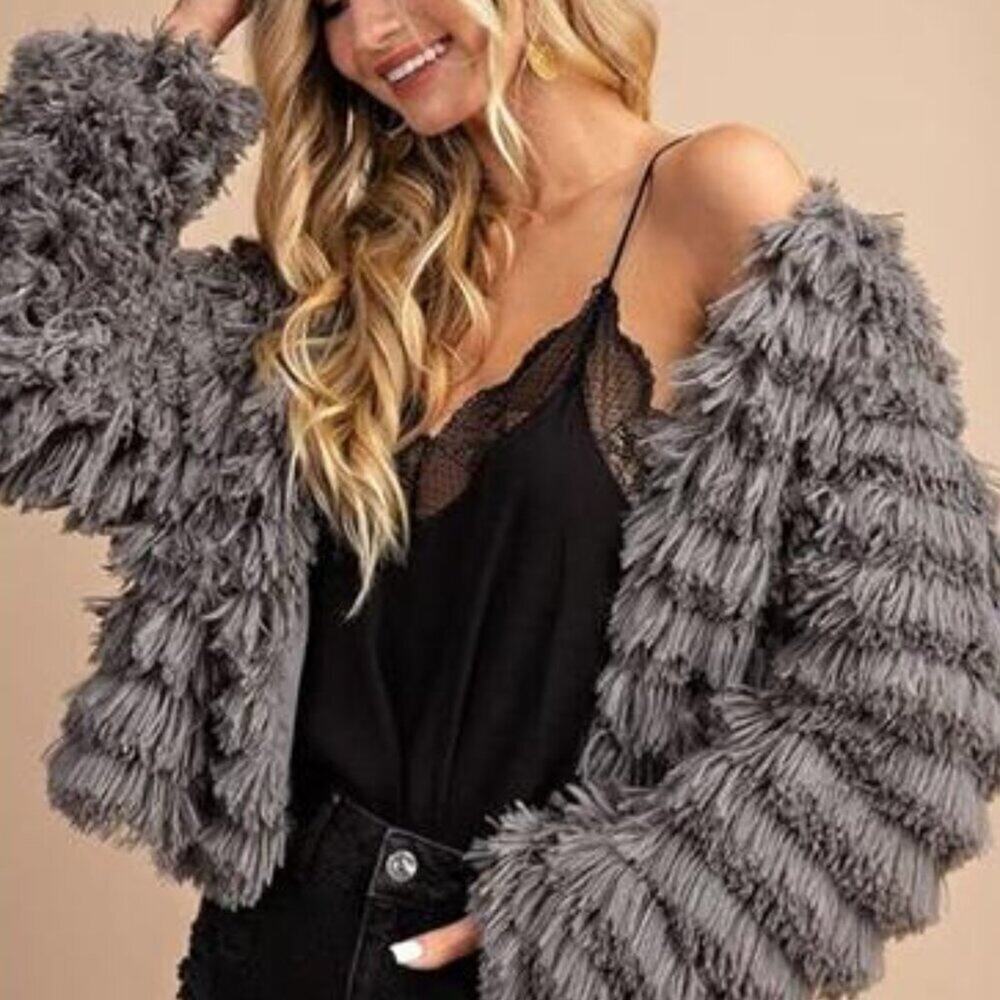 Women’s Open Front Faux Fur Cardigan Grey Cozy Vintage Shaggy Fall Coat
